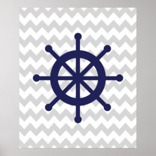 Poster Marinho e roda náutica cinzenta do navio de