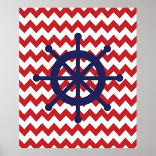 Poster Marinho e roda náutica vermelha do navio de