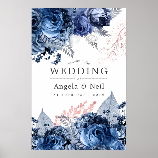 Poster Marinho e Rosa com Boas-vindas ao Casamento das Fo (Frente)