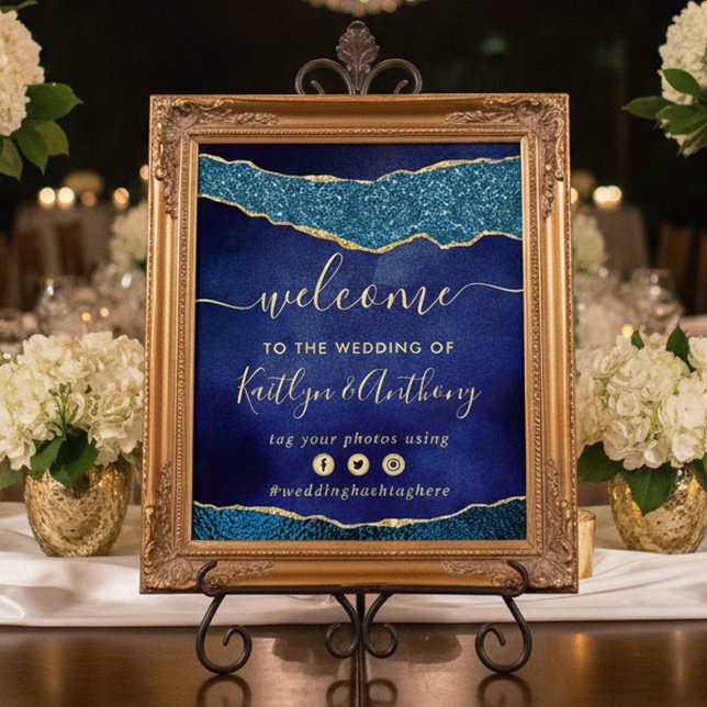 Poster Marinho Elegante Blue & Dourado Casamento Agate Be (Criador carregado)