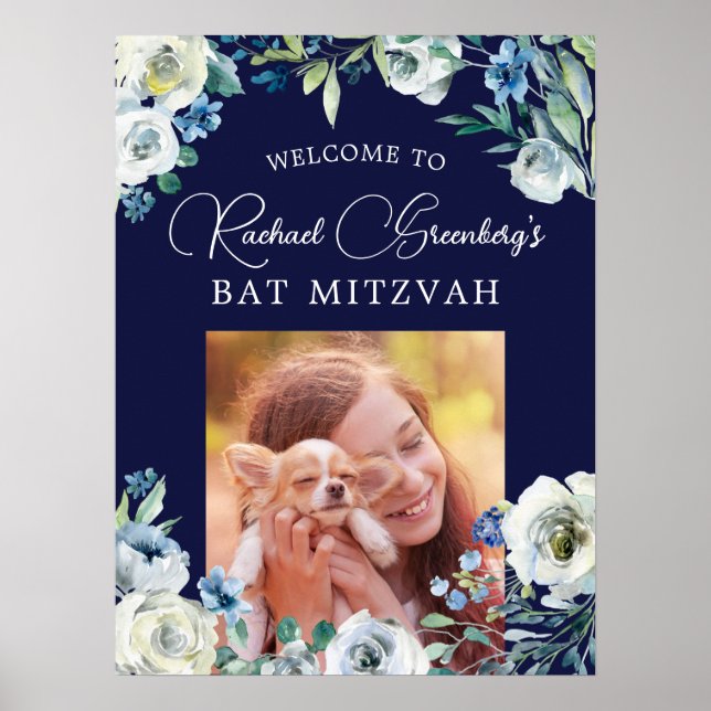 Poster Marinho Elegante Blue Floral Bat Mitzvah Bem-vindo (Frente)