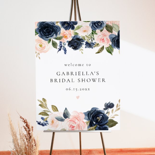 Poster Marinho Elegante Blush Floral Chá de panela Bem-vi (Criador carregado)