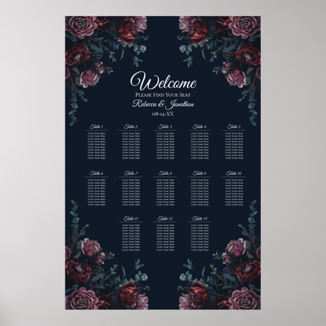 Poster Marinho escuro Blue Floral Elegante Casamento Maro (Frente)