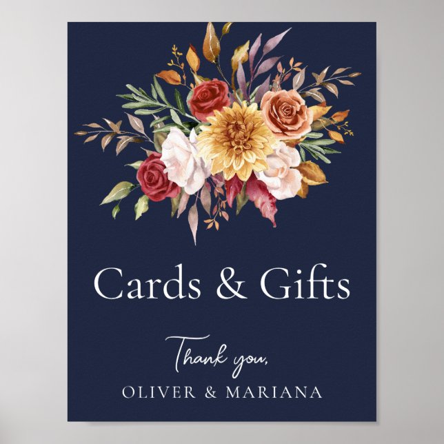 Poster Marinho Floral  Azul Cartões e Presentes Sinal (Frente)