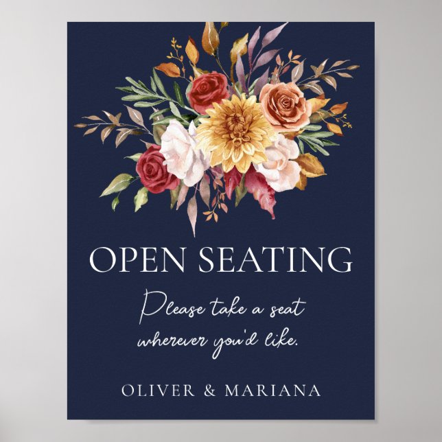 Poster Marinho Floral  Azul Sinal Aberto de Casamento (Frente)
