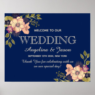 Poster Marinho Floral Blue Welcome Weding