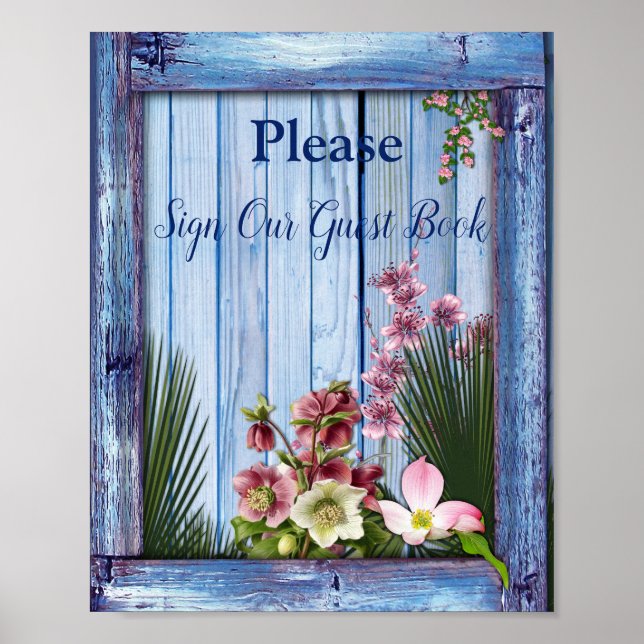 Poster Marinho - Flores Azul Texturadas e Rosa (Frente)