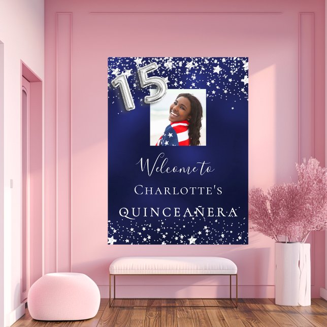 Poster Marinho Quinceanera estrelas de prata azul (Criador carregado)
