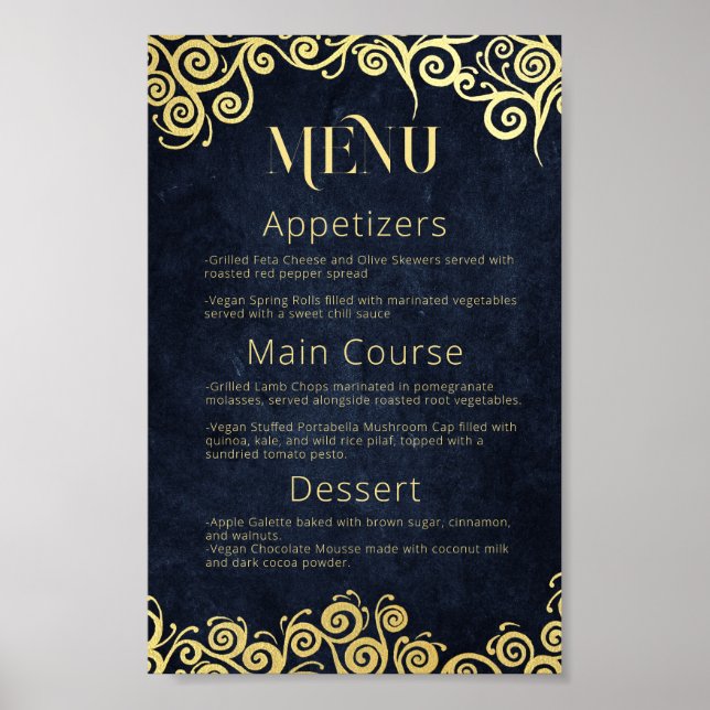 Poster Marinho sofisticado, Blue & Dourado Swirls Menu Ca (Frente)