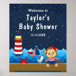 Poster Marinho Vermelho Macaco Rapariga Náutica Boas-vind