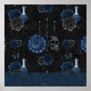 Poster Marinho Zodiac Magic   Rosas de crânio gótico az