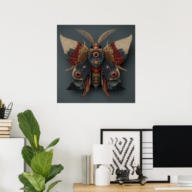 Poster Mariposa 3D Simétrica Ornamentada com Acentos Dour (Escritório em casa)