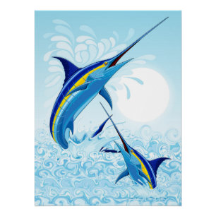 Pôster Marlin Azul Saltando do Oceano