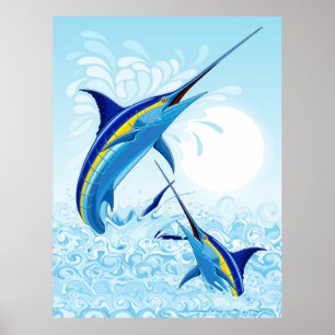 Poster Marlins Azul Saltando do Oceano