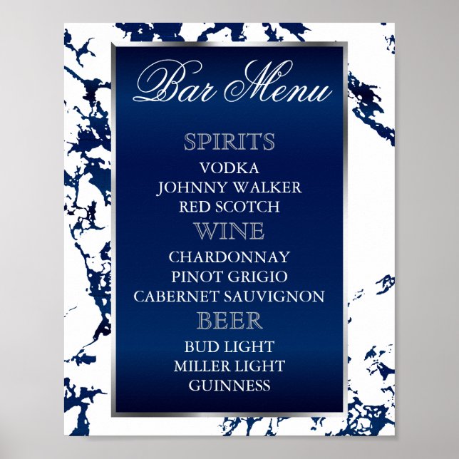 Poster Mármore Azul-Marinho, Prata e Branco - Menu do Bar (Frente)