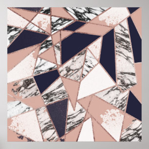 Pôster Mármore Azul Pêssego do Marinho Geométrico e Rosa 