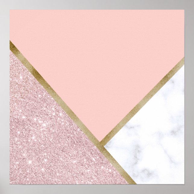 Poster Mármore branco de ouro-rosa geométrico elegante (Frente)