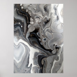 Pôster Mármore Fluido Preto Branco Abstrato Cinza Prata