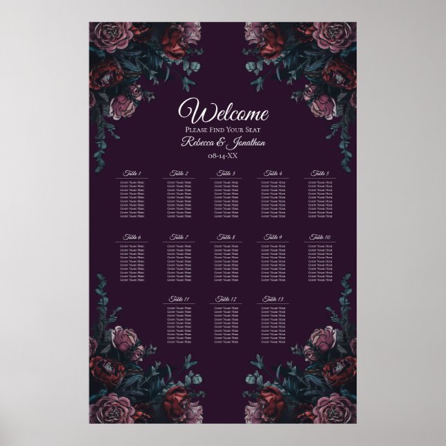 Poster Maroon Mauve, Casamento Elegante Floral Roxo Escur (Frente)