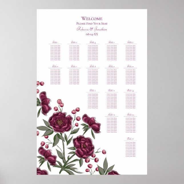 Poster Maroon Rose Wedding Seating Chart (Frente)