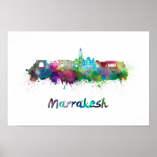 Pôster Marrakesh skyline em aquarela (Frente)