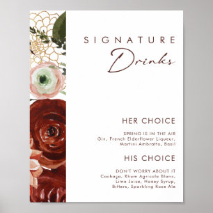 Poster Marsala Autumn Floral Signature Drinks Sign
