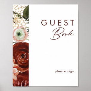 Poster Marsala Autumn Floral White Guest Book Sign