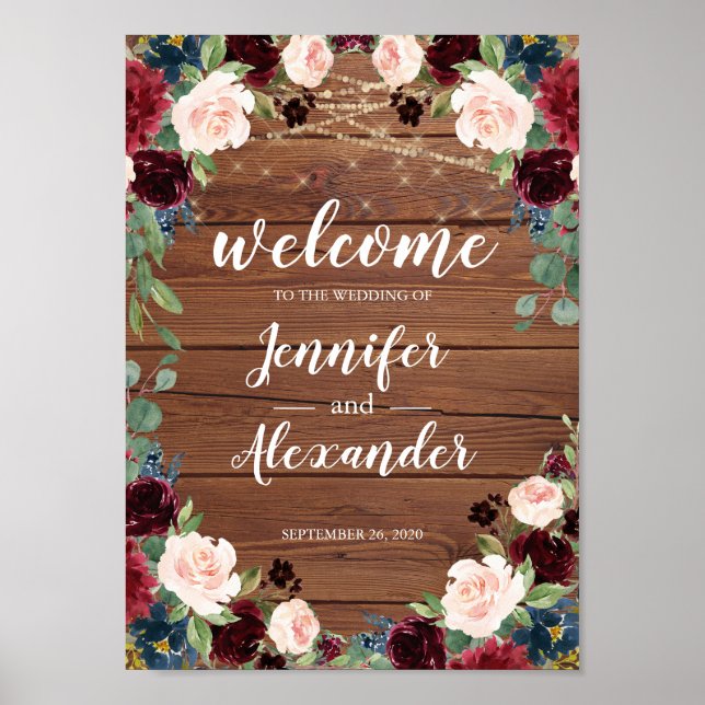 Poster Marsala Burgundy Wood Floral Weding Sinal de Boas- (Frente)