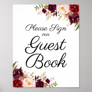 Poster Marsala e Sinal de Convidado de Casamento Floral R