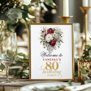 Poster Marsala rubor floral 80º aniversário 8x10 boas-vin