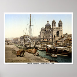 Poster Marseilles Harbor & Cathedral 1900 antiga França