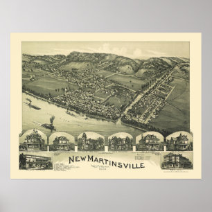 Pôster Martinsville novo, mapa panorâmico de WV - 1899