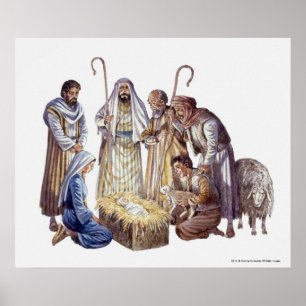 Poster Mary, Joseph, e pastores que cercam o bebê Jesus