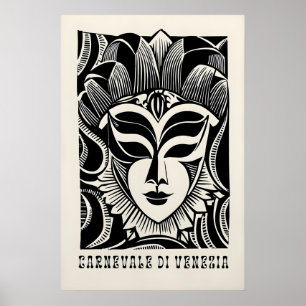 Poster Máscara de Carnaval Veneziano Impressa Preto e Bra