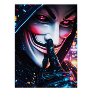 Pôster Máscara de Hacker Cyberpunk Brilho Neon Shush