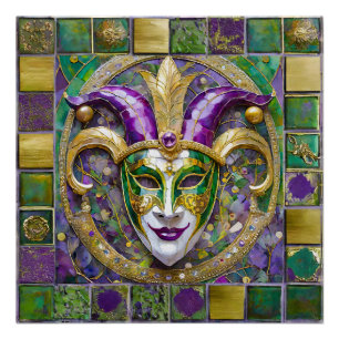 Pôster Máscara de Jester Mardi Gras Roxo Verde Dourado