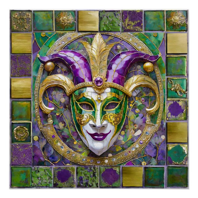 Pôster Máscara de Jester Mardi Gras Roxo Verde Dourado (Frente)