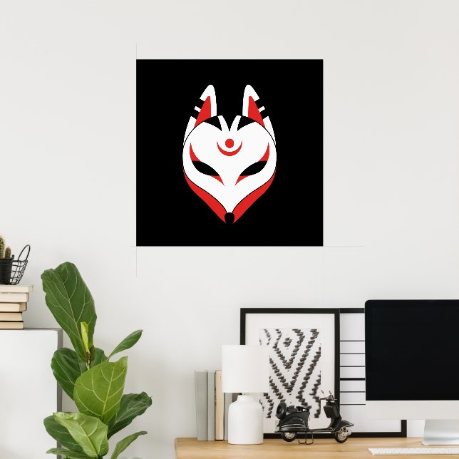 Pôster Máscara Japonesa de Raposa Kitsune em Preto (Escritório em casa)