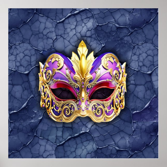 Poster Máscara Veneziana Decorativa sobre Marinho Escuro  (Frente)