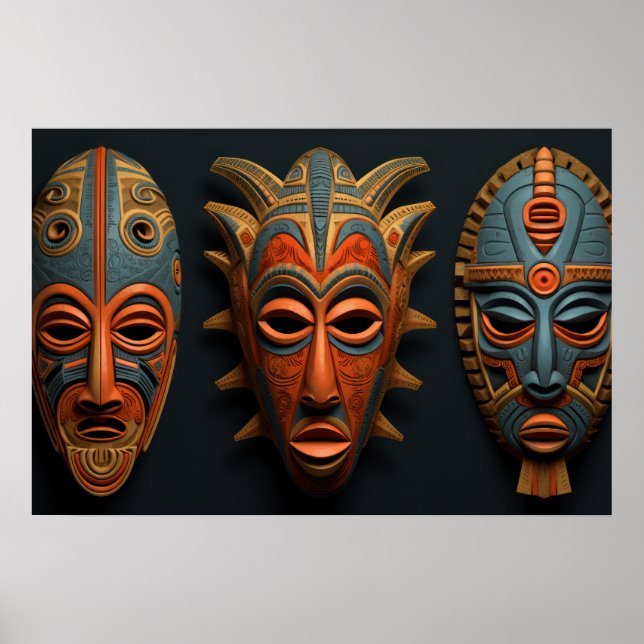 Poster Máscaras africanas em laranja e azul-turquesa (Frente)