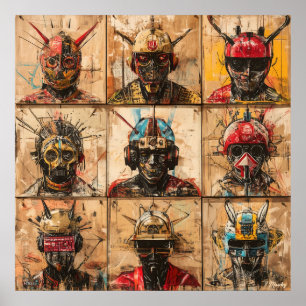 Poster Máscaras de Guerreiros Futuristas em grade abstrat