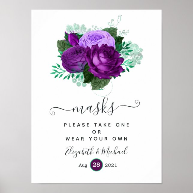 Poster Máscaras Faciais de Casamento Florais Roxas e Verd (Frente)