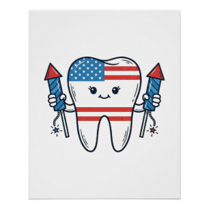 Pôster Mascote de Dente Patriótico Design de Fogos de Art