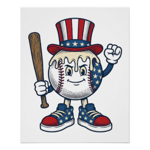 Pôster Mascote Patriótico de Beisebol Desenho de Gravura 
