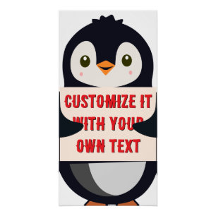 Pôster Mascote pinguim segurando uma placa para texto per