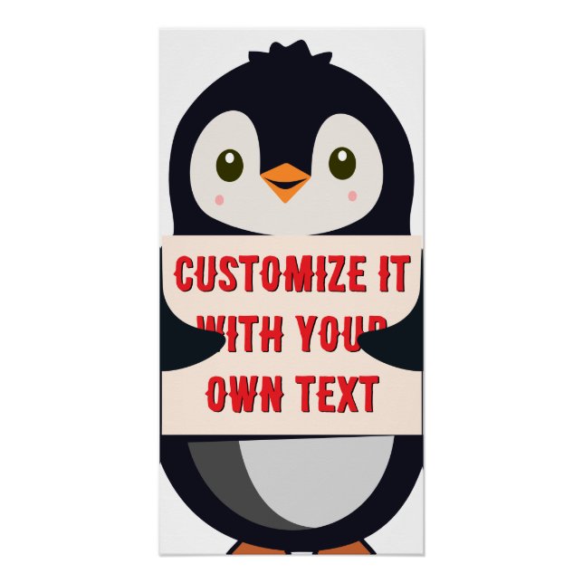 Pôster Mascote pinguim segurando uma placa para texto per (Frente)
