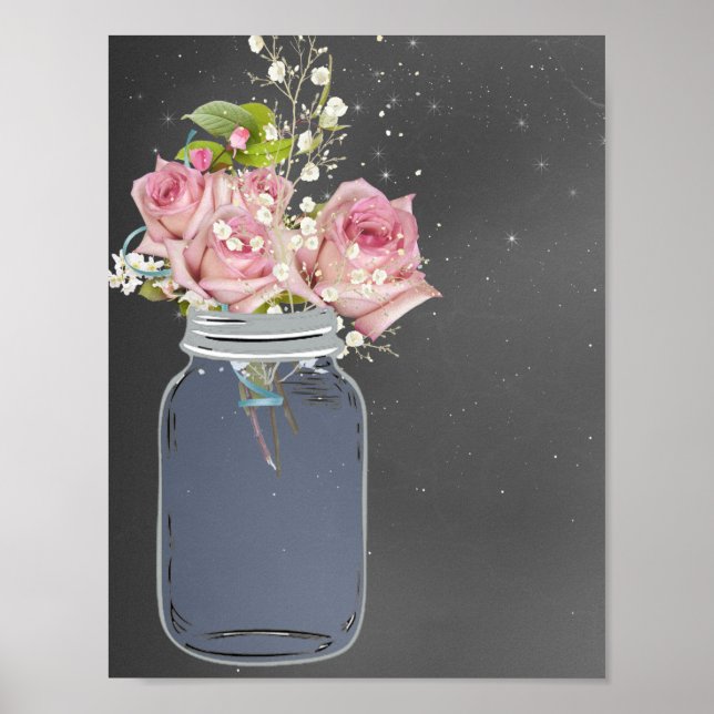 Poster Mason Jar Chalkboard, Pink Roses, Custom (Frente)
