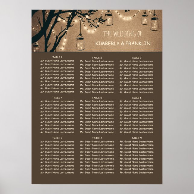 Poster Mason Jar Lights Rustic Weding Seating Chart (Frente)