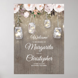 Pôster Mason Jar Lights Rustic Weding Sign