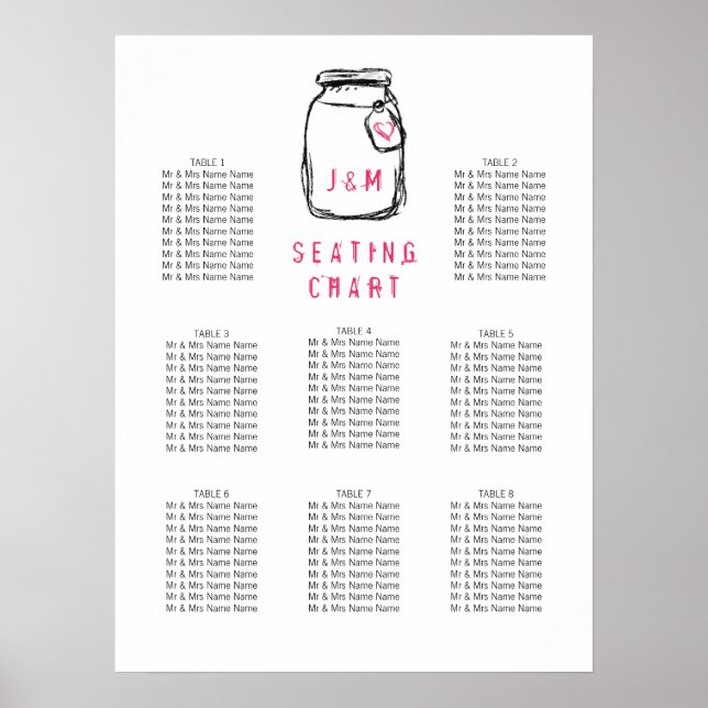 Poster Mason Jar & Pink Heart Seating Chart (Frente)